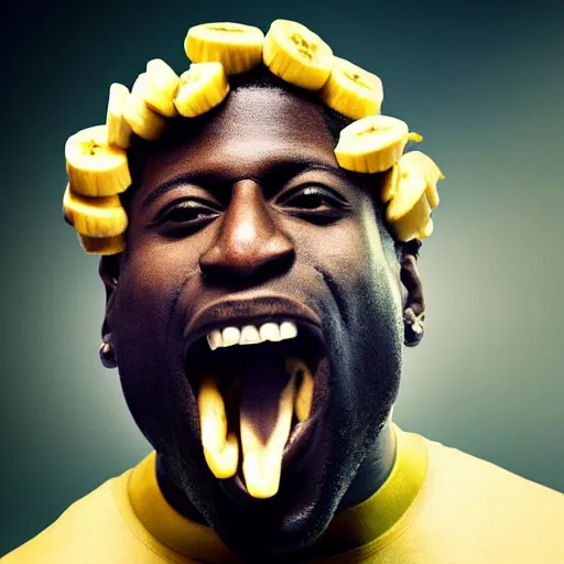 Image similar to angry gucci mane eating bananas in the hood, 8k resolution, full HD, cinematic lighting, award winning, anatomically correct