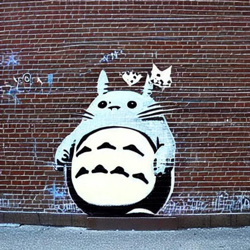 Prompt: stencil spraypaint of totoro in the style of banksy