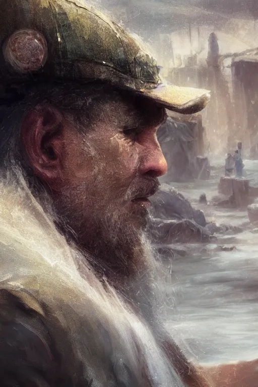 Image similar to Atlantis fisherman, close-up portrait, poor, intricate, elegant, volumetric lighting, scenery, digital painting, highly detailed, artstation, sharp focus, illustration, concept art,ruan jia, steve mccurry