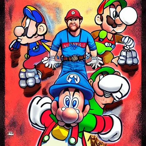 Image similar to hyper detailed illustration of Chris Pratt wearing a Super Mario hat, by Kev Walker, simon bisley and paolo parente