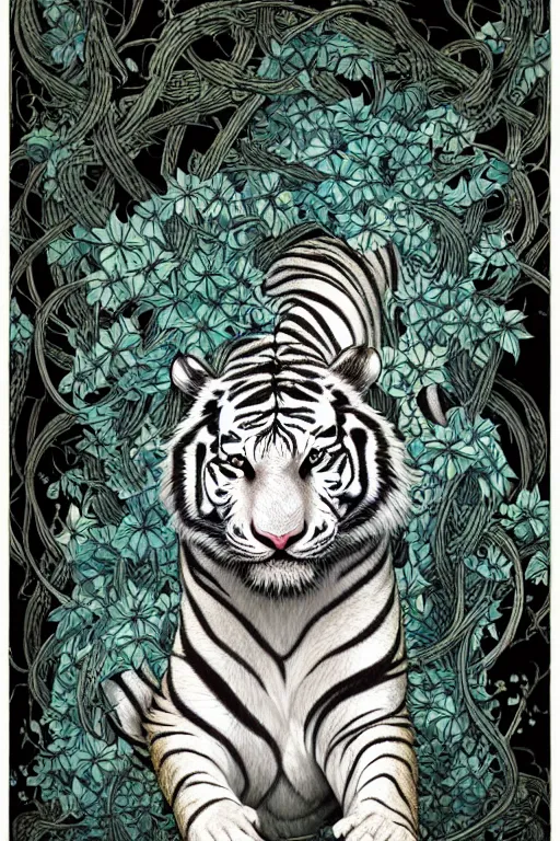 Image similar to ultra realistic full - body white tiger wrapped in vines and white flowers + black paper + elements + white + gold + cyan + baroque + rococo + ink, marc simonetti, paul pope, peter mohrbacher, detailed, intricate ink illustration