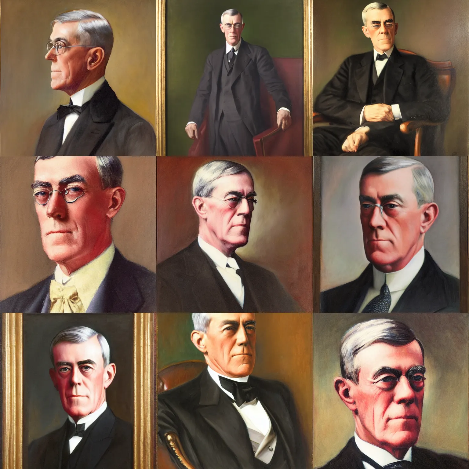 Prompt: Woodrow Wilson, 28th President of the United States, 1913-1921. Portrait by Frank Graham Cootes in 1936. Oil on canvas, 50 x 40 inches.