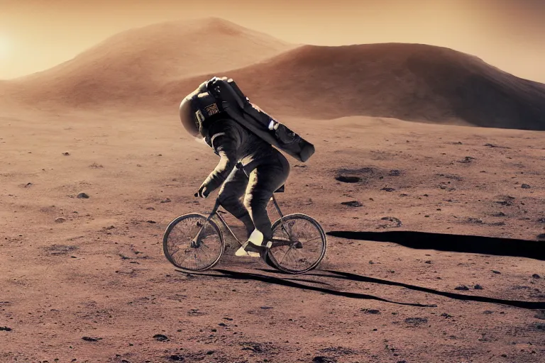 Image similar to A professional photo of Boris Johnson riding a bicycle on the moon; high-quality, dramatic lighting, extremely high detail, trending on artstation