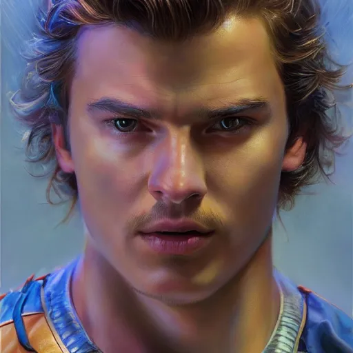 Image similar to a realistic portrait of Joe Keery in a spider-man suit, cute face, 4k, art by Donato Giancola and Bayard Wu and WLOP and Artgerm, exquisite detail, hyper realism, ornate, masterpiece, artstation