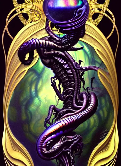 Image similar to xenomorph, rococo and art nouveau fusion, iridescent diaphanous refractive and reflective alien symbols, tarot card, highly detailed, deep focus, elegant, digital painting, smooth, sharp focus, illustration, ultra realistic, 8 k, art by artgerm and alphonse mucha