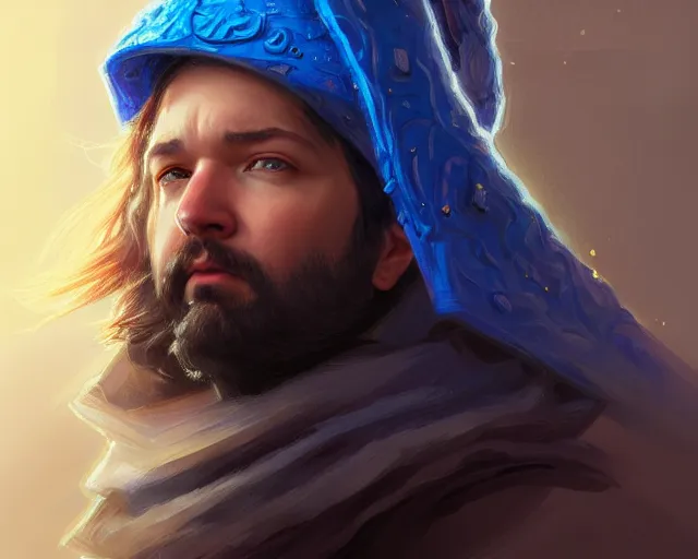 Image similar to mindblowing portrait of alexis ohanian as a wizard, blue wizard hat, deep focus, d & d, fantasy, intricate, elegant, highly detailed, digital painting, artstation, concept art, matte, sharp, illustration, hearthstone, art by artgerm and greg rutkowski and alphonse mucha