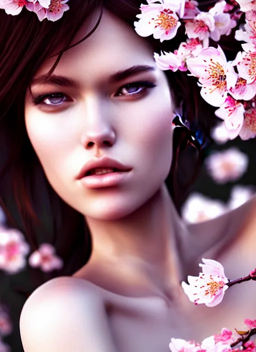 Image similar to photo of a gorgeous female with messy hair in the style of stefan kostic, realistic, body shot, sharp focus, 8 k high definition, insanely detailed, intricate, elegant, art by stanley lau and artgerm, cherry blossoms