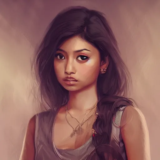 Prompt: beautiful Assamese girl wearing mekhela sleeveless with short wavy hair like brenda song, portrait,oil painting, intricate complexity, rule of thirds, trending on pixiv, by Charlie Bowater,8k character concept, dramatic lighting