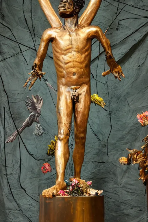 Image similar to Jean-Michel Basquiat as a bronze full-body statue of Icarus in the position of spreading his arms like a bird , glowing quartz crystal skull, wreath of ferns, flowing sakura-colored silk, fabric, flowers. baroque elements, human skull. full-length view. baroque element. intricate artwork by caravaggio. many many birds birds on background. Trending on artstation. halo. octane render, cinematic, hyper realism, octane render, 8k, depth of field, 3D