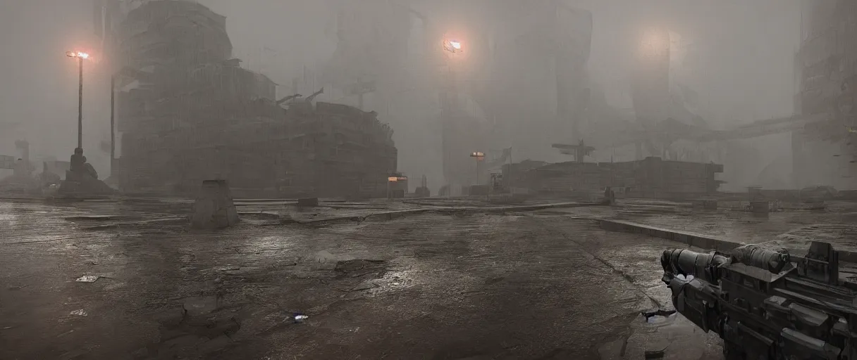 Image similar to heavy mechanical weapon by Ian McQue, concrete brutalism buildings by le corbusier on the background, dark, foggy, puddles of water, woods, high quality, volumetric lighting, cryengine