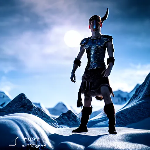 Image similar to photography of a hyper realistic crystal clear ice statue of tom holland as a viking warrior god. stuning, intricate, complexe. snowy mountains dream landscape. professional digital art, unreal engine 5