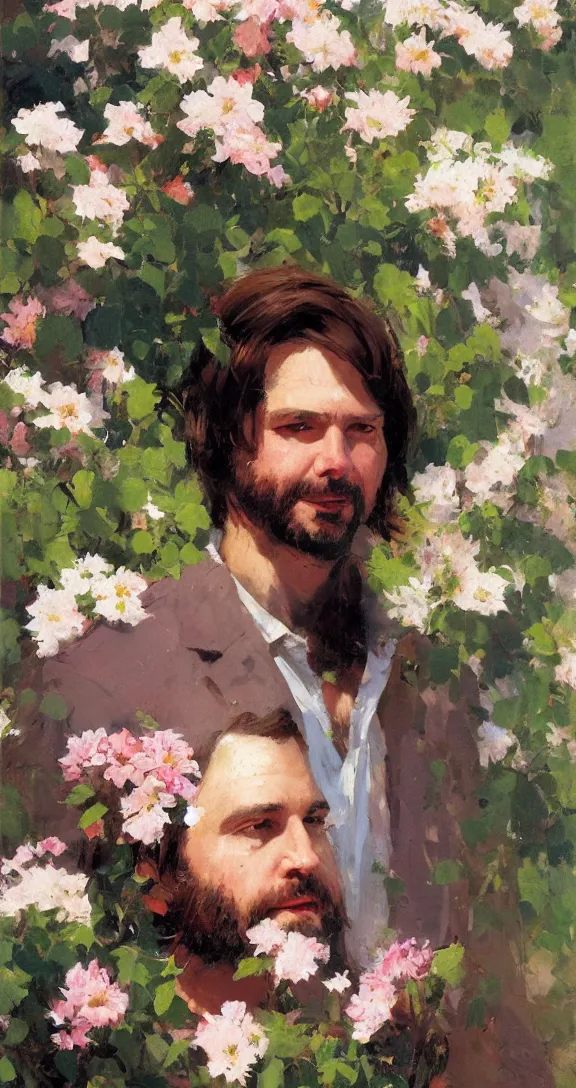 Image similar to romantic detailed portrait of gabriel boric surrounded by beautiful flowers, by gregory manchess, james gurney, james jean