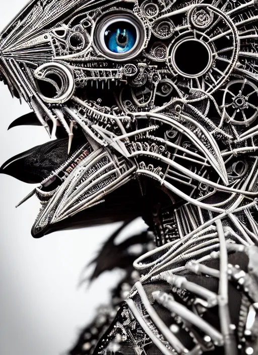 Image similar to a stunning young female crow mixed cyborg profile face, face is made intricate tribal bio - mechanical, editorial photography, bw, shot on 7 0 mm, depth of field, f / 2. 8, high contrast, 1 6 k, volumetric lighting, shiny, insanely detailed and intricate, hypermaximalist, elegant, ornate, hyper realistic, super detailed