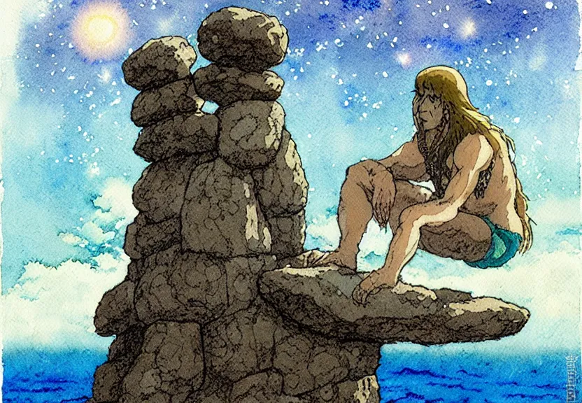 Image similar to a simple watercolor studio ghibli movie still fantasy concept art of a giant native american man sitting on a tiny stonehenge in the ocean. it is a misty starry night. by rebecca guay, michael kaluta, charles vess