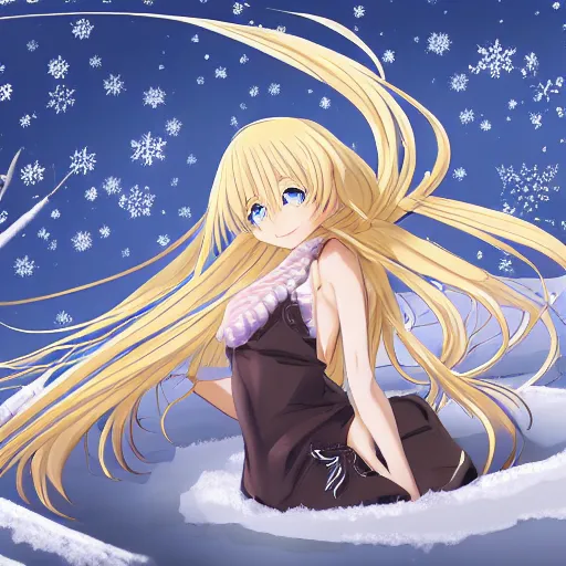 Prompt: winter picture : a shivering very beautiful grown blond anime girl, extremely long blond hair that covers the ground, extremely long blond hair that covers the ground, extremely long blond hair that covers the ground, extremely long blond hair that covers the ground, detailed sky blue eyes, cute, bikini, white miniskirt, highly detailed, cinematic wallpaper by stanley art