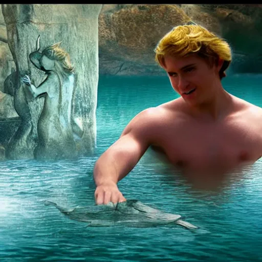 Prompt: brokeback fountain, a film about a young mermaid's coming of age story, young adult, lost city of atlantis, adventurous, promotional images, hyperrealistic, high-res,