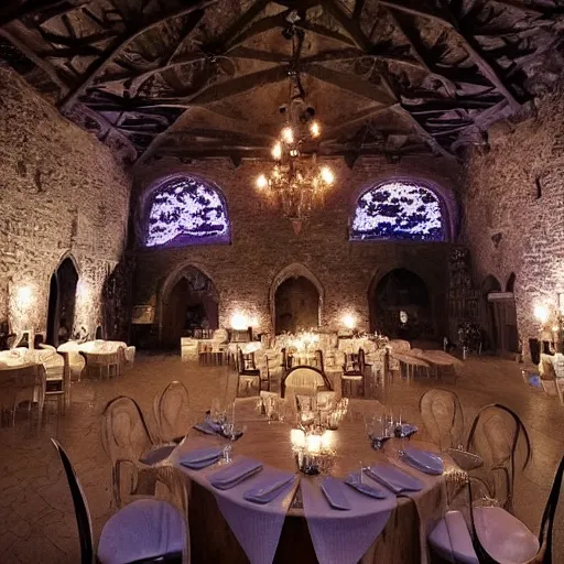 Prompt: a dining hall in a gothic castle. It's dark, and only moonlight lights up the scene.