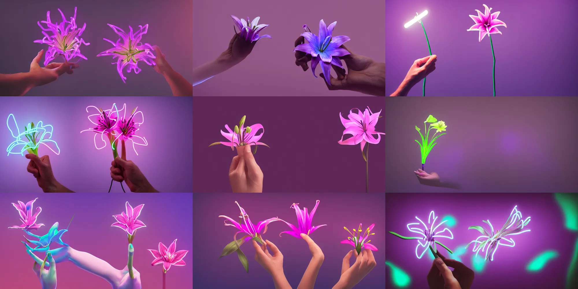 Prompt: hand holding neon lily one flower, studio shot, dark purple background, studio lighting, night dramatic lighting, trending on ArtStation, concept art, no surroundings, high detail, ray tracing, picturesque artwork by Mike Winkelmann, 4K, 8K, super graphically realistic detailed, high definition, HDR