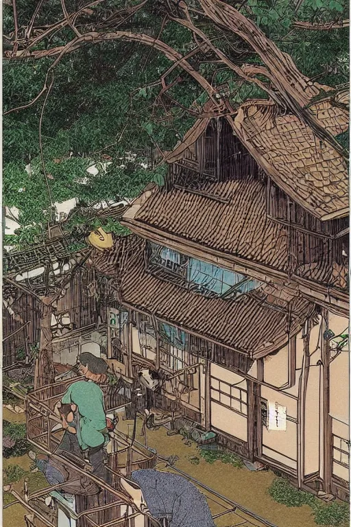 Image similar to beautiful anime illustration japanese rural homes morphing into giant cats, by moebius, masamune shirow and katsuhiro otomo