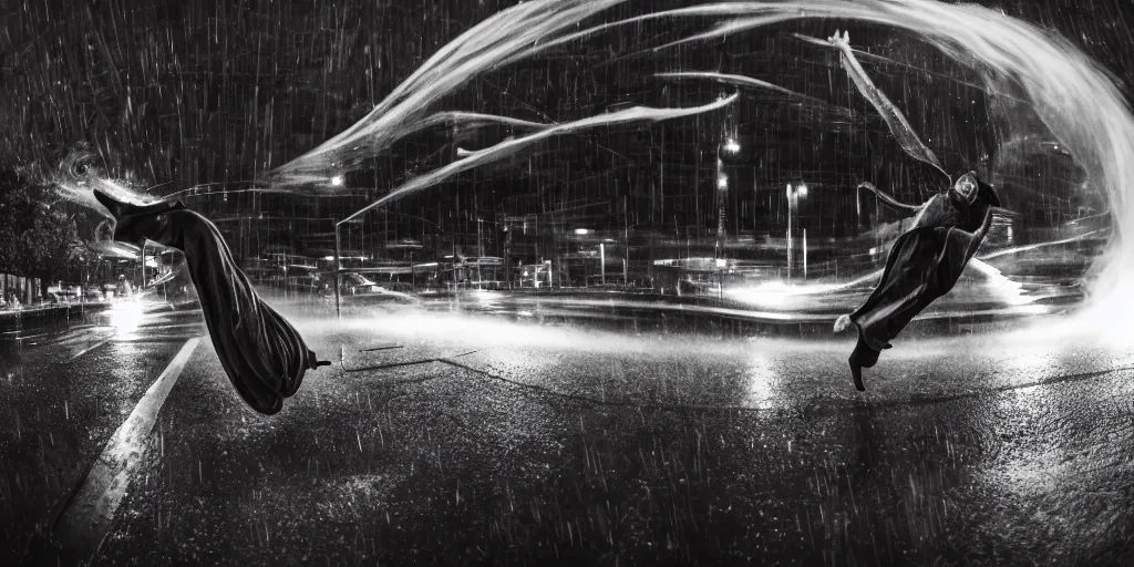 Image similar to fisheye lens slow motion with trail effect of futuristic break dancer wearing floating long dress, long exposure shot , at night in the middle of a rainy street, paddle of water, steam, fog, water splashes, rim lights, glossy reflections, water droplets on lens, octane render, dark and dramatic, explosion in the background, tongues of fires, detailed and soft, fisheye lens, smooth, sharp focus, illustration, art by artgerm and greg rutkowski