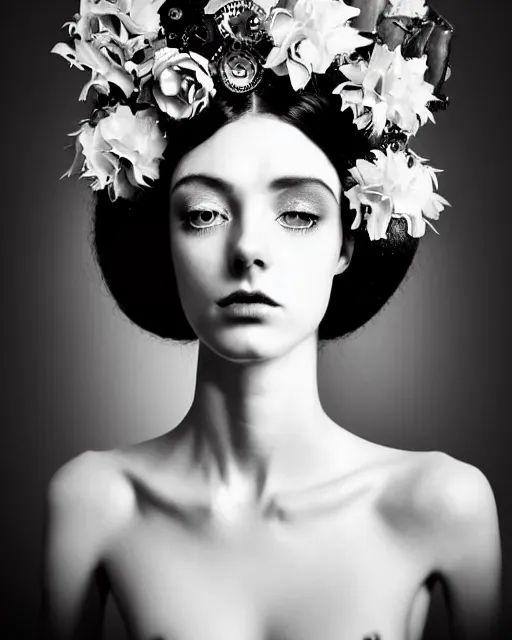 Image similar to a black and white high quality dreamy photo of a young beautiful female queen-pale dragon-vegetal-many big steampunk flowers-cyborg bust with a very long neck, elegant, highly detailed, poetic, soft, dreamy, mysterious, high fashion, in the style of Diane Arbus, Realistic, Refined, Digital Art, Highly Detailed, Cinematic Lighting, rim light, black and white, photo-realistic, 8K