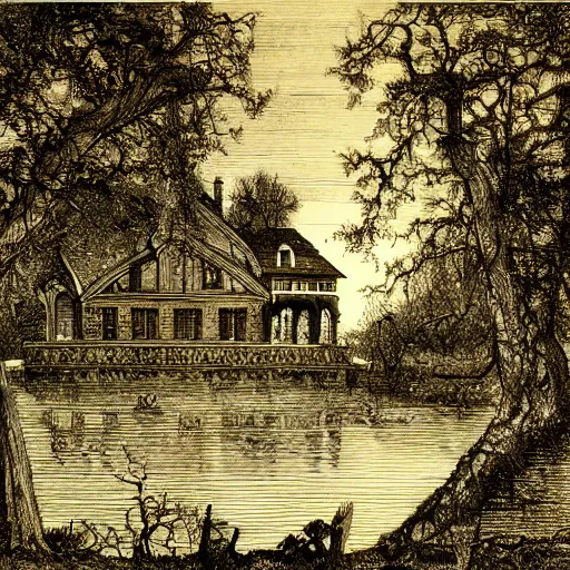 Image similar to the house by the lake, illustration by Gustav Doré