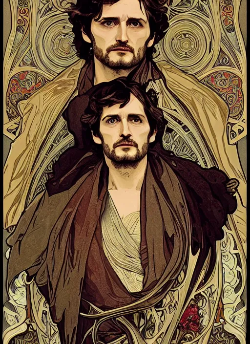 Image similar to Will Graham from NBCs Hannibal in portrait Alphonse Mucha art nouveau style, brutal, epic, intricate, elegant, highly detailed, digital painting, 4k, HDR, concept art, smooth, sharp focus, illustration, art by alphonse mucha,artgerm, H R Giger