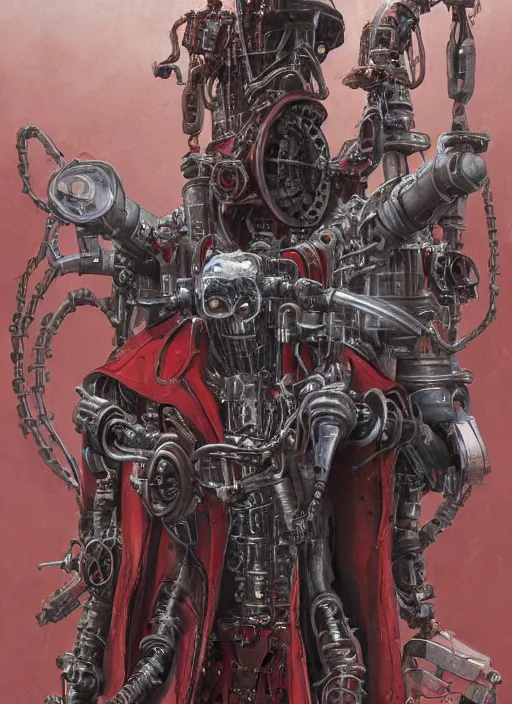 Image similar to portrait of rotten Nicolas Cage as adeptus mechanicus in red hood and robe from Warhammer 40000, mechanical tentacles. Highly detailed, artstation, illustration by and John Blanche and zdislav beksinski and wayne barlowe