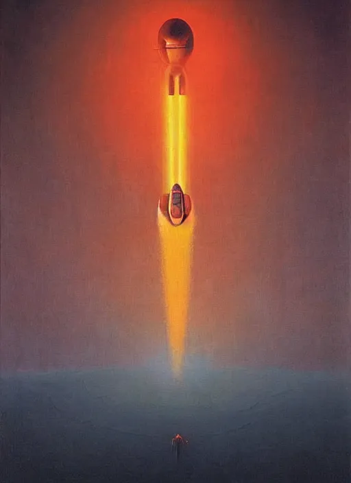 Prompt: A painting in a style of Beksinski featuring Elon Musk on mars. There is a rocket in the sky. Very detailed, symmetry