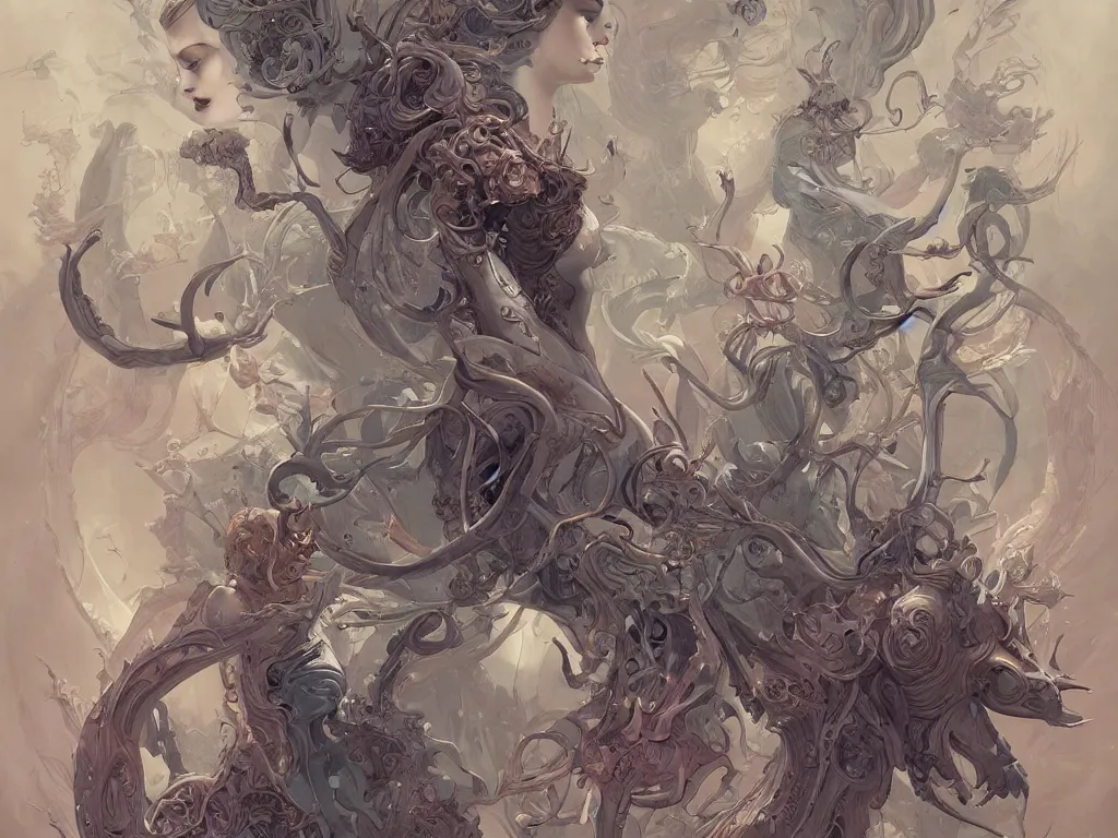 Prompt: collection of beautiful celestial females creature by Guillermo Del Toro and James Jean, intricate, elegant, highly detailed, centered, digital painting, artstation, concept art, smooth, sharp focus, illustration, by Peter Mohrbacher, WLOP