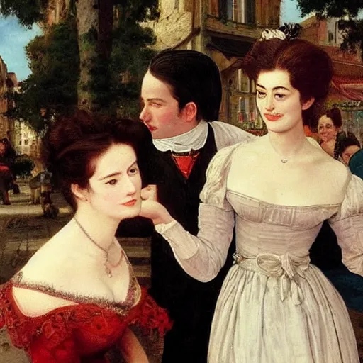 Image similar to niclas weintz trying to flirt with anne hathaway in a sunny street with jealous women with black hair standing in the back, 4 k, painting by eugene de lacroix, beautiful, high detail,