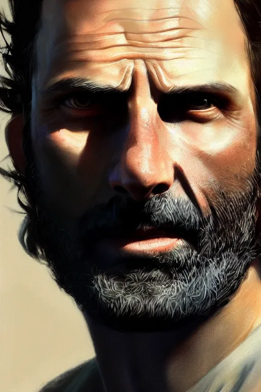 Image similar to , ultra detailed close up facial portrait of rick grimes, extremely detailed digital painting, in the style of fenghua zhong and ruan jia and jeremy lipking and peter mohrbacher, mystical colors, rim light, beautiful lighting, 8 k, stunning scene, raytracing, octane, trending on artstation