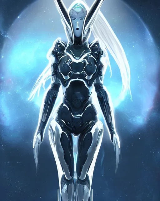 Image similar to perfect android girl on a mothership, warframe armor, beautiful face, scifi, futuristic, galaxy, nebula, bae suzy, dreamy, long white hair!!!, blue cyborg eyes, sharp focus, cinematic lighting, highly detailed, artstation, divine, by gauthier leblanc, kazuya takahashi, huifeng huang