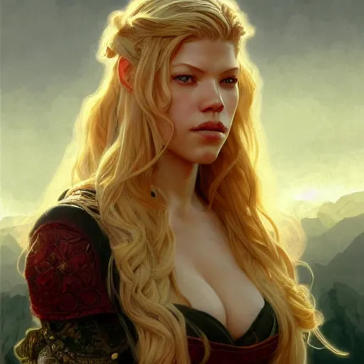 Image similar to beautiful Katheryn Winnick, western, closeup, D&D, fantasy, intricate, elegant, highly detailed, digital painting, artstation, concept art, matte, sharp focus, illustration, art by Artgerm and Greg Rutkowski and Alphonse Mucha