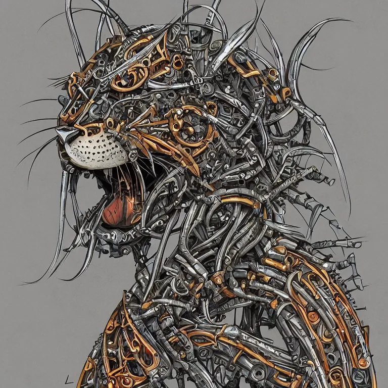 Image similar to detailed portrait artwork of a biomechanical lynx by subjekt zero. colored centered uncut. slightly lowbrow. influenced by andrei riabovitchev and igor goryunov.