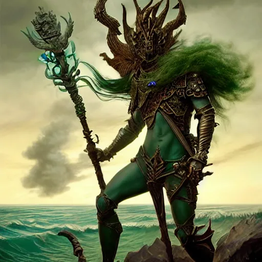 Prompt: a beautiful detailed 3d matte portrait of a male triton with green hair, wearing studded leather armor, wielding a staff with a glowing red crystal, male, dungeons and dragons character, standing beside the ocean, by ellen jewett, by tomasz alen kopera, by Justin Gerard, ominous, magical realism, texture, intricate, skull, skeleton, whirling smoke, alchemist bottles, radiant colors, fantasy, volumetric lighting, high details