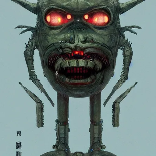 Image similar to minimalist cyborg goblin with maniacal expression and bulging eyes inside byzantine hong kong hoarder labaratory, portrait by by greg rutkowski and h. r. giger and stalenhag and deak ferrand, studio ghibli composition