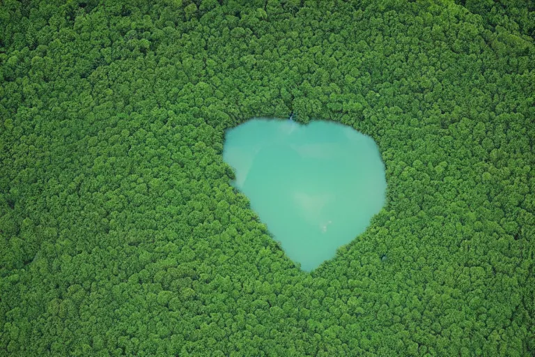 Prompt: a gigantic lake with a detailed heart shape in the middle of a green forest, aerial photography by yann arthus bertrand