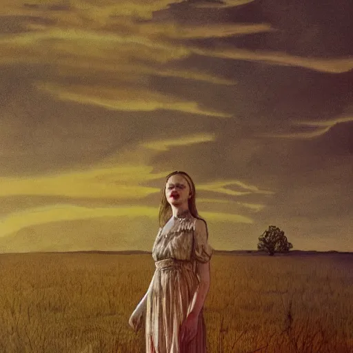 Image similar to Elle Fanning in a flaming field, head and shoulders masterpiece, apocalypse, golden hour, cosmic horror, artstation, in the style of Andrew Wyeth and Edward Hopper, extremely detailed