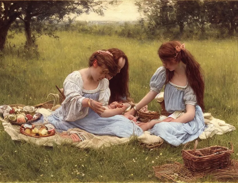 Prompt: 2 peasant girls on a picnic, cottage core, cinematic focus, polaroid photo bleached vintage pastel colors high - key lighting, soft lights, foggy, by steve hanks, by lisa yuskavage, by serov valentin, by tarkovsky, 8 k render, detailed, oil on canvas