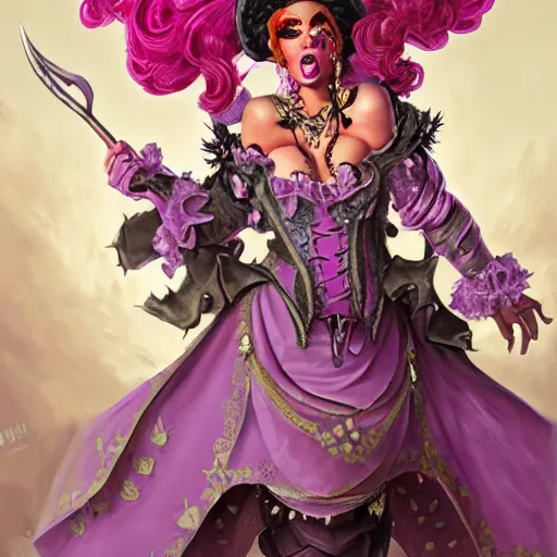 Image similar to d&d character artwork of an orc drag queen who is wearing a very girly prissy frilly rococo ballgown outfit and a huge rococo updo pouf wig, drag, girly, fabulous, D&D, fantasy artwork, highly detailed, digital painting, artstation, smooth, sharp focus, illustration, art by artgerm and greg rutkowski and alphonse mucha