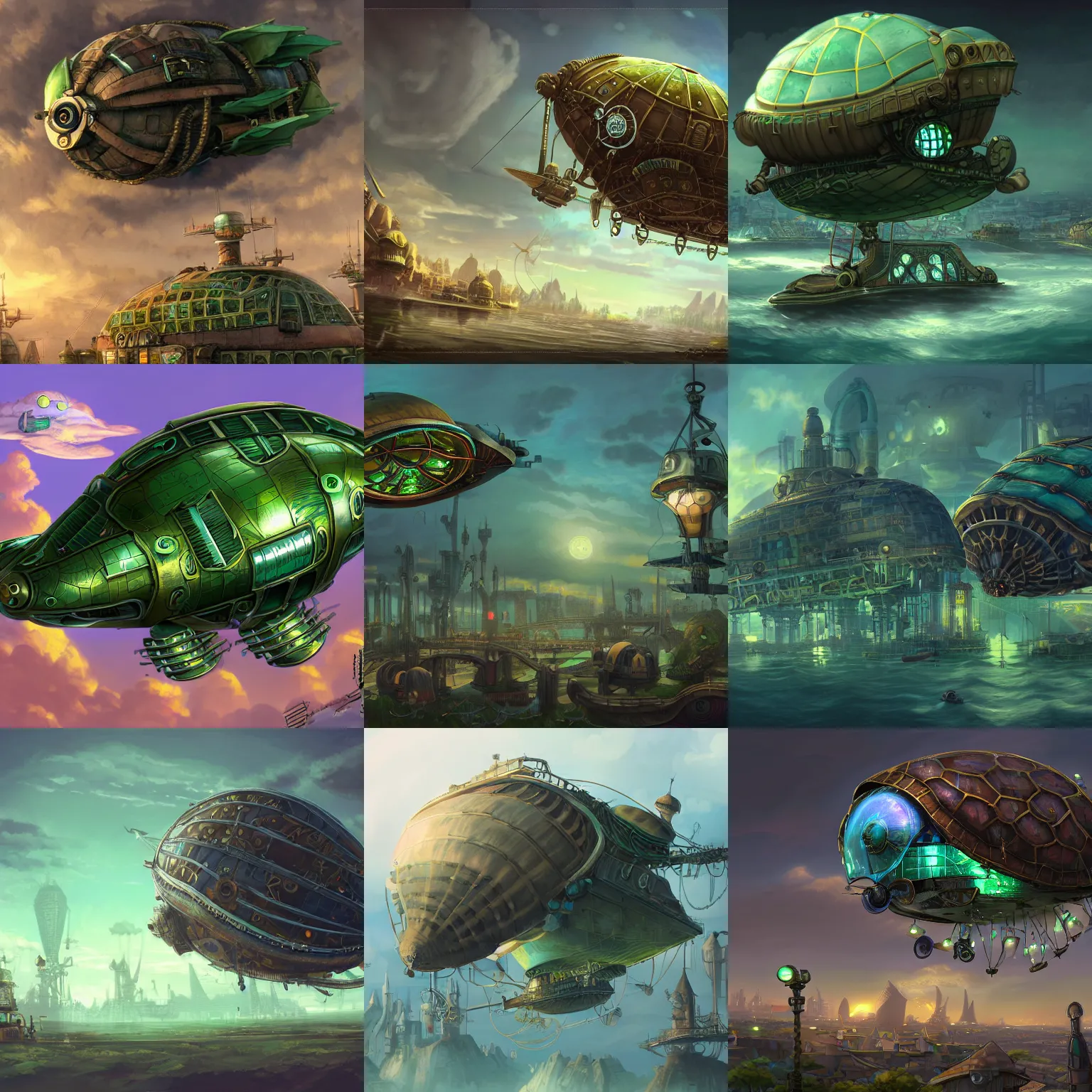 Prompt: green turtle, steampunk city shell, airship, prototype, atmospheric, technology, detailed illustration, hd, 4k, concept art, digital art, overdetailed art, Ghibli, complementing colors, Trending on artstation, deviantart