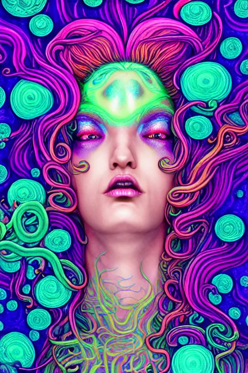 Image similar to A sea goddess with neon tentacles hair having an extremely colorful psychedelic experience, warping time and space, magic mushrooms, psilocybin, LSD, face, detailed, intricate, elegant, highly detailed, digital painting, artstation, concept art, smooth, sharp focus, illustration, art by Krenz Cushart and Artem Demura and alphonse mucha, Octane render, unreal engine, 8K