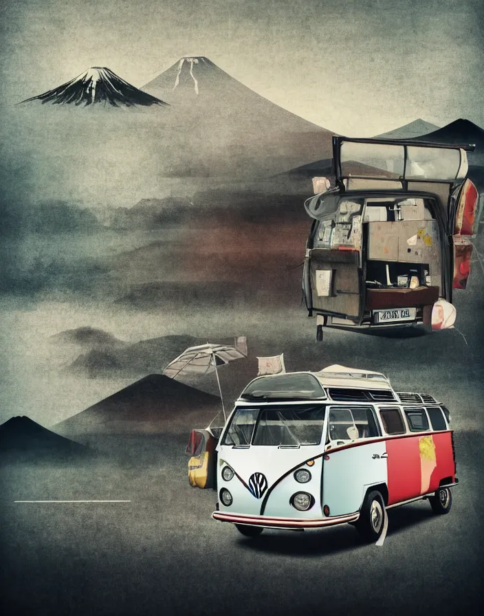 Image similar to front view vw camper touring rural japan, a collage painting, in the style of wes anderson, lola dupre, david hockney, isolated on negative white space background dark monochrome fluorescent spraypaint accents volumetric octane render