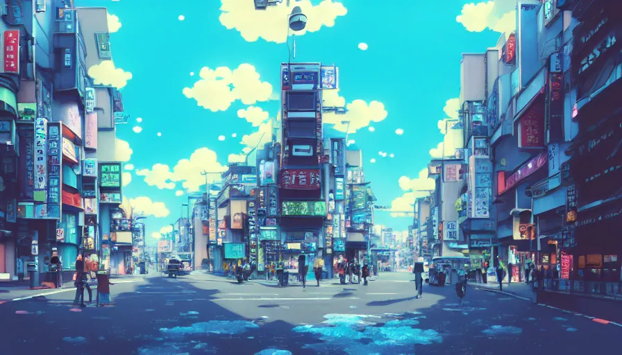 Image similar to A highly detailed digital art painting of Tokyo street, shimmering cloudy sky by Studio Ghibli, Makoto Shinkai, (((Makoto Shinkai))) by Artgerm, by beeple, volumetric lighting, octane render, 4K resolution, trending on artstation, masterpiece, vivid colours