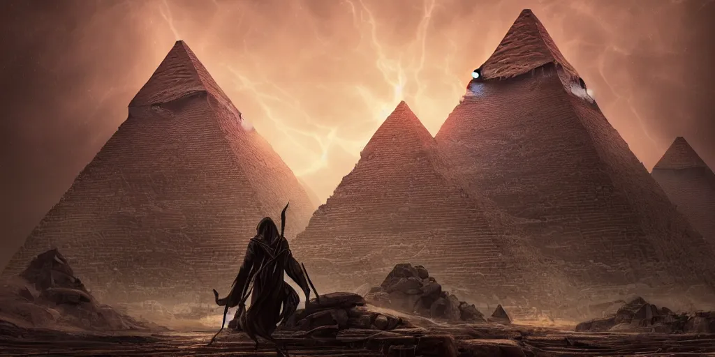 Image similar to Photorealistic epic intricate detailed dark wizard with arms outstretched, casting spells in front of an ominous Egyptian pyramid. a gentle rising mist, an epic rocky landscape. Art Nouveau, occult photorealism, UHD, amazing depth, glowing, golden ratio, 3D octane cycle unreal engine 5, volumetric lighting, cinematic lighting, cgstation artstation concept art