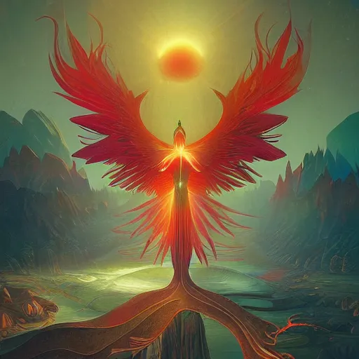 Prompt: the solarpunk phoenix, red bird, ornate egg, regeneration, landscape, epic composition, volumetric light, bokeh, inspired by peter mohrbacher and by alphonse mucha