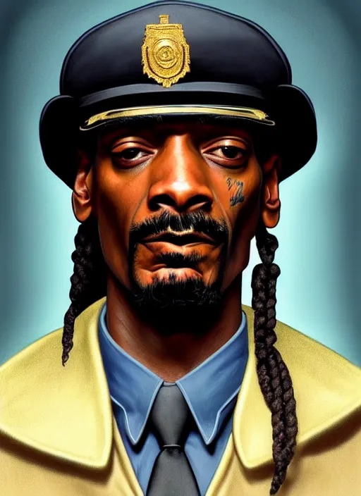 Prompt: portrait of snoop dogg as policeman, new york, hat, colt, intricate, headshot, highly detailed, digital painting, artstation, concept art, sharp focus, cinematic lighting, illustration, art by artgerm and greg rutkowski, alphonse mucha, cgsociety