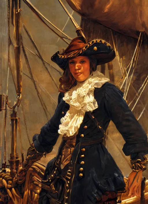 Image similar to close - up portrait of a female pirate with two peglegs and two hook hands, standing at the wheel of a galleon, sails and rigging, detailed dynamic light painting by albrecht anker