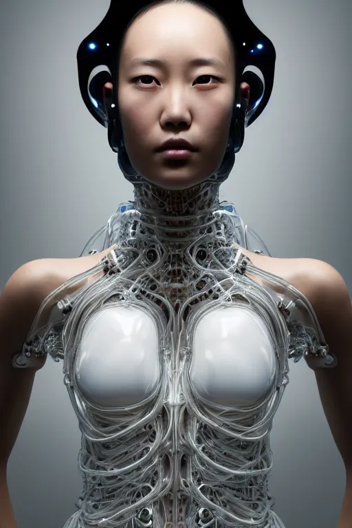 Image similar to young asian woman, iris van herpen, beautiful face, perfect symmetrical body, full body shot, inflateble shapes, wires, tubes, veins, jellyfish, white biomechanical details, wearing epic bionic cyborg implants, masterpiece, intricate, biopunk, vogue, highly detailed, artstation, concept art, cyberpunk, octane render